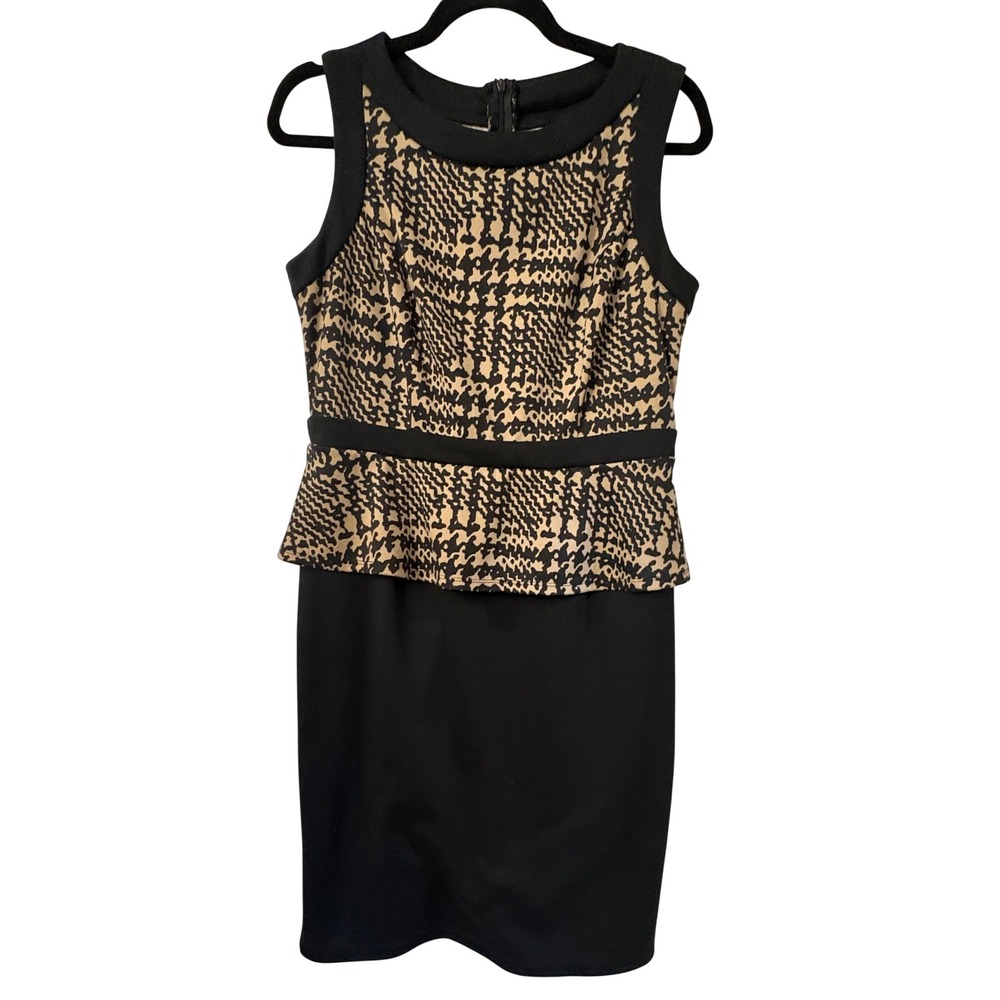(B5) Shelby & Palmer Black Tan Peplum Sheath Dress 8 Sleeveless Animal Print